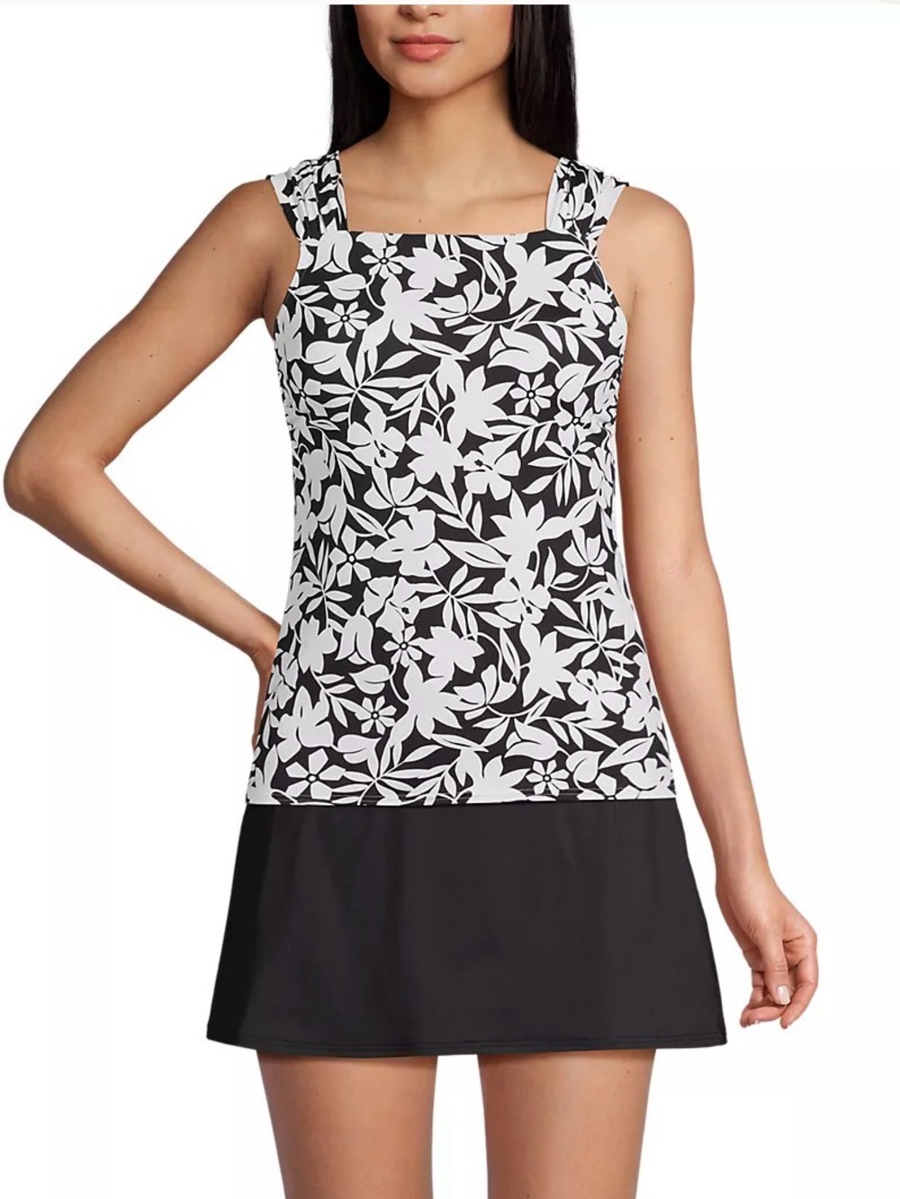 Lands’ End Cap Sleeve Modest High Neck Tankini Top Black Havana Floral Sz 10